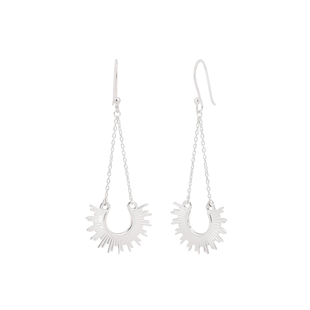 Silver drop earrings, with a silver chain for length with semi circle, sun like design at the bottom.