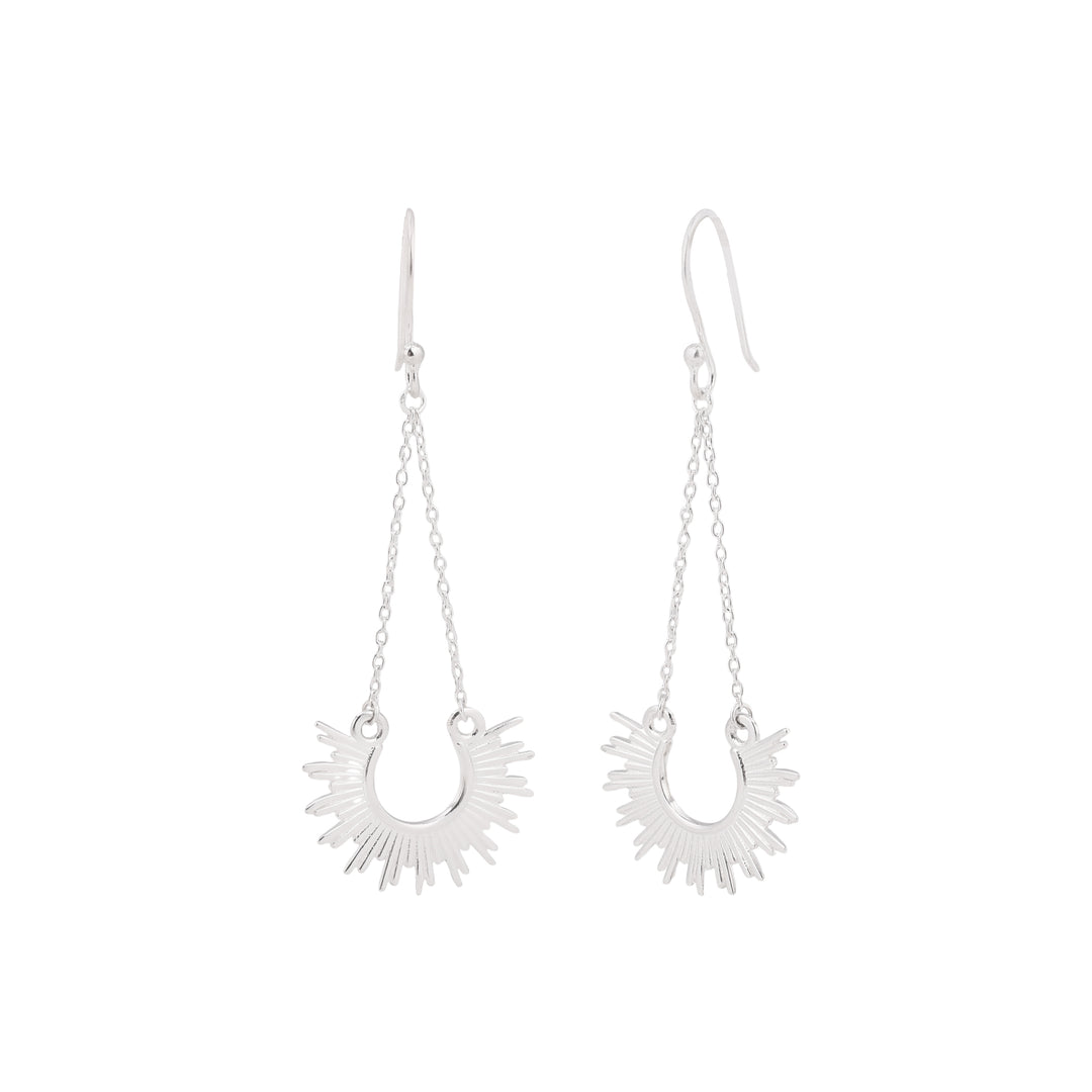 Silver drop earrings, with a silver chain for length with semi circle, sun like design at the bottom.