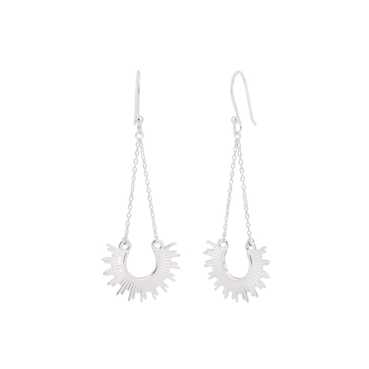 Silver drop earrings, with a silver chain for length with semi circle, sun like design at the bottom.
