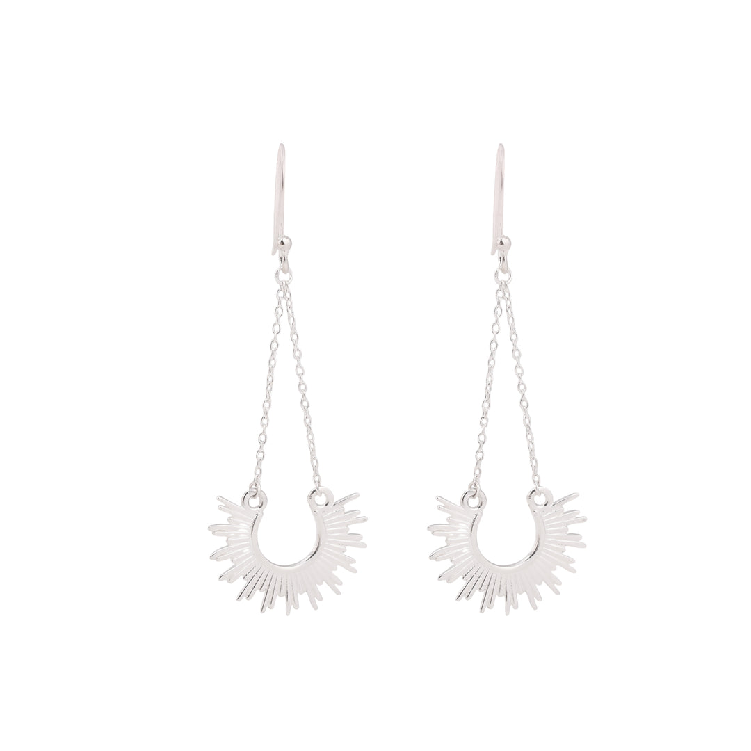 Silver drop earrings, with a silver chain for length with semi circle, sun like design at the bottom.