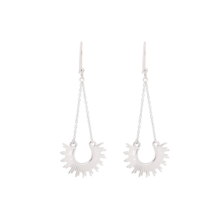 Silver drop earrings, with a silver chain for length with semi circle, sun like design at the bottom.
