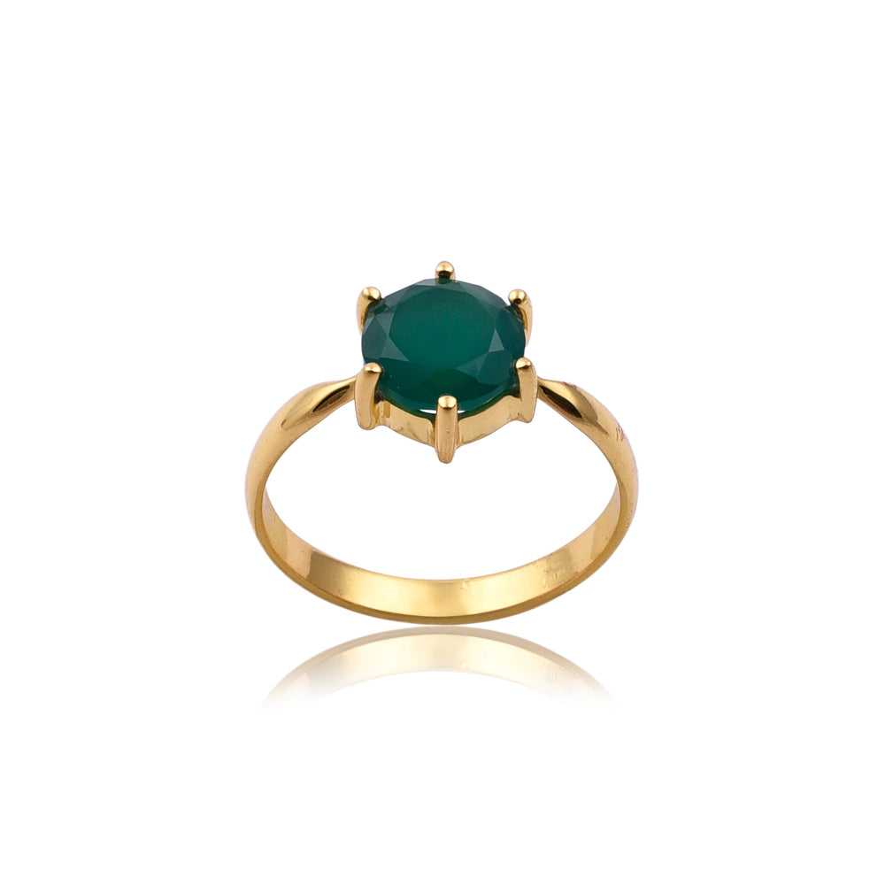 A Solo Green Onyx Gold Ring by Watermelon Tropical featuring a single round green onyx gemstone in a prong setting. The band is smooth and polished, and the jewellery is displayed against a white background, with a faint reflection below.
