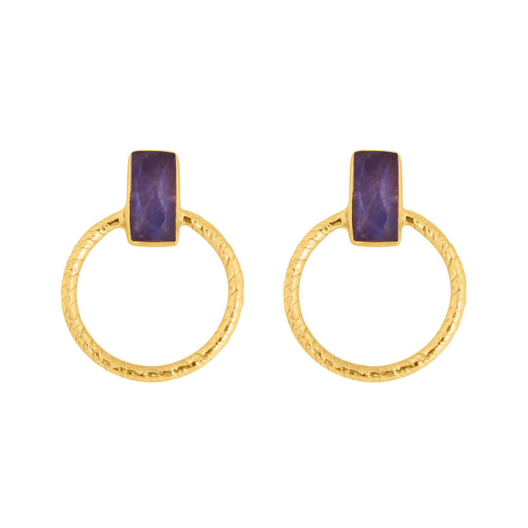 A pair of gold vermeil earrings featuring circular hoops connected to rectangular purple gemstones at the top. The hoops have a textured finish, and the gemstones have a smooth, polished appearance. These stunning **Aria Labradorite Earrings by Watermelon Tropical** are displayed against a white background.