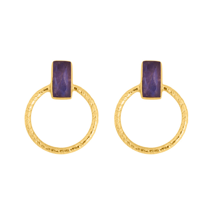 A pair of gold vermeil earrings featuring circular hoops connected to rectangular purple gemstones at the top. The hoops have a textured finish, and the gemstones have a smooth, polished appearance. These stunning **Aria Labradorite Earrings by Watermelon Tropical** are displayed against a white background.