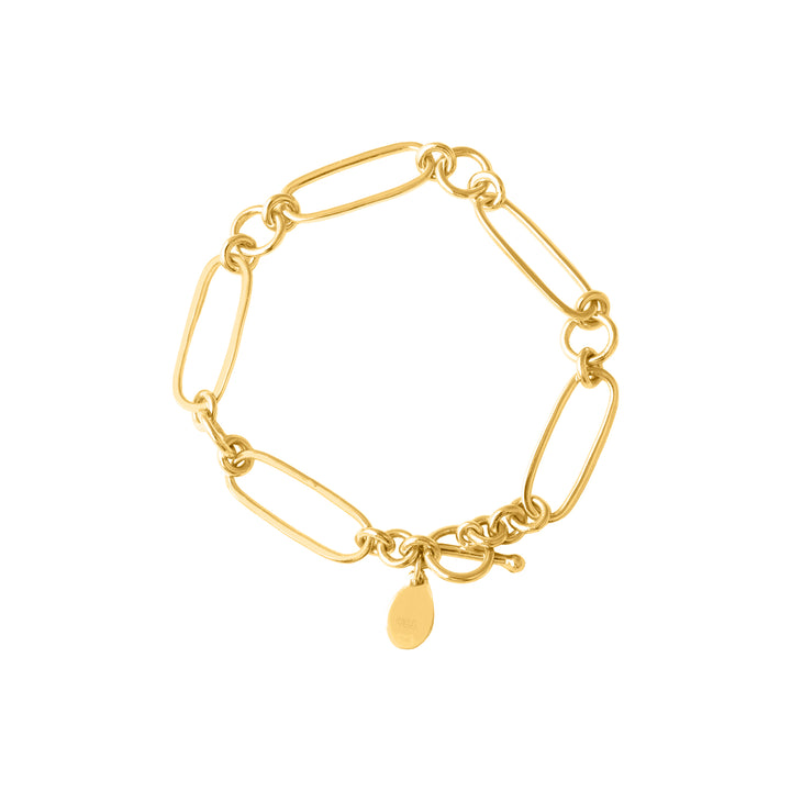 The Watermelon Tropical Boogie Bracelet is a delicate gold vermeil bracelet featuring a chain design with elongated oval links. It has a small, flat, teardrop-shaped charm hanging near the clasp. The chain bracelet's polished surface gives it a shiny and elegant appearance.