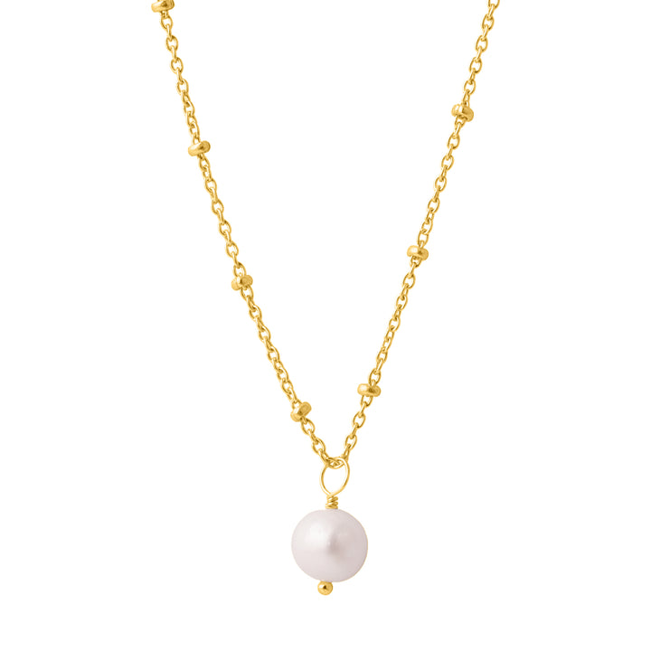 The Paige Necklace by Watermelon Tropical is a delicate gold vermeil chain necklace with small, evenly spaced beads featuring a single white pearl pendant hanging from the center. The design is elegant and minimalist, highlighting the pearl pendant as the focal point.