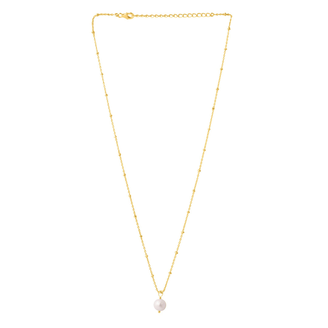 A delicate gold vermeil chain necklace featuring a single white pearl pendant at the center. The chain is thin with small interspersed beads and includes an adjustable clasp. The overall design is simple and elegant. Background is white. Product: Paige Necklace, Brand: Watermelon Tropical