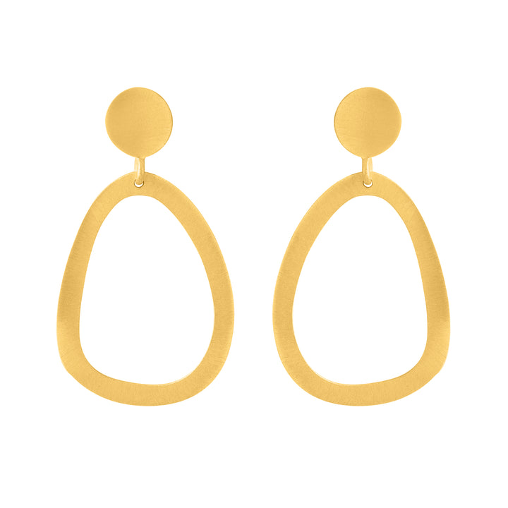 A pair of modern, gold-tone earrings featuring a smooth, round stud attached to an open, asymmetrical teardrop-shaped loop. These Watermelon Tropical River Gold Earrings have a matte finish and a contemporary design.