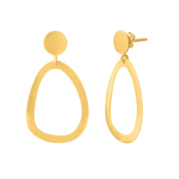 A pair of Watermelon tropical River Gold Earrings featuring small circular studs and large, irregularly-shaped, open oval drops. The earrings have a smooth, matte finish and are displayed against a plain white background.