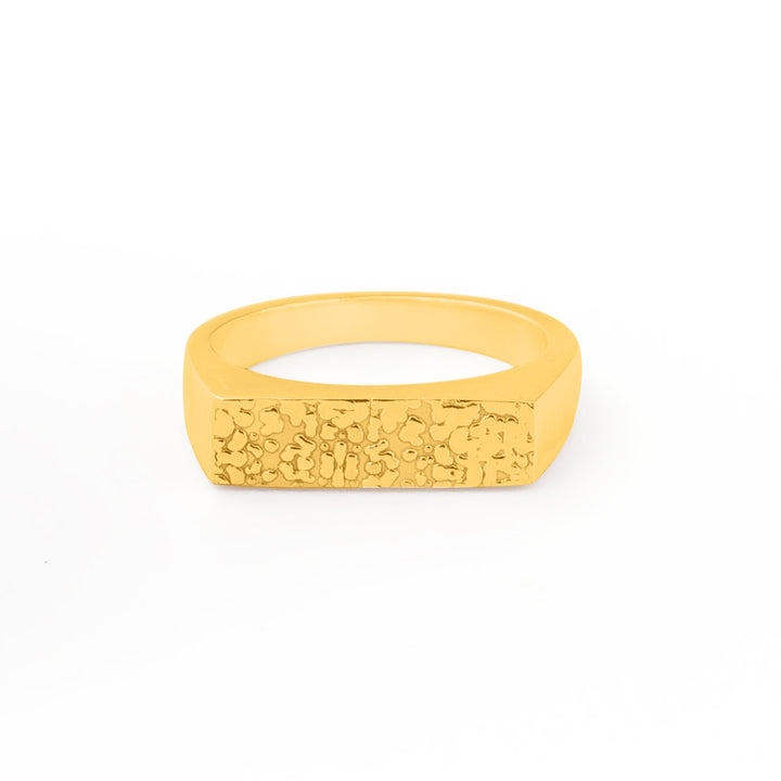 A gold vermeil ring with a rectangular textured design on its front side. The texture features small, raised elements, giving it a rugged and detailed appearance. The band is simple and smooth, complementing the intricate front design. The Stevie Textured Gold Ring by Watermelon Tropical is displayed on a white background.