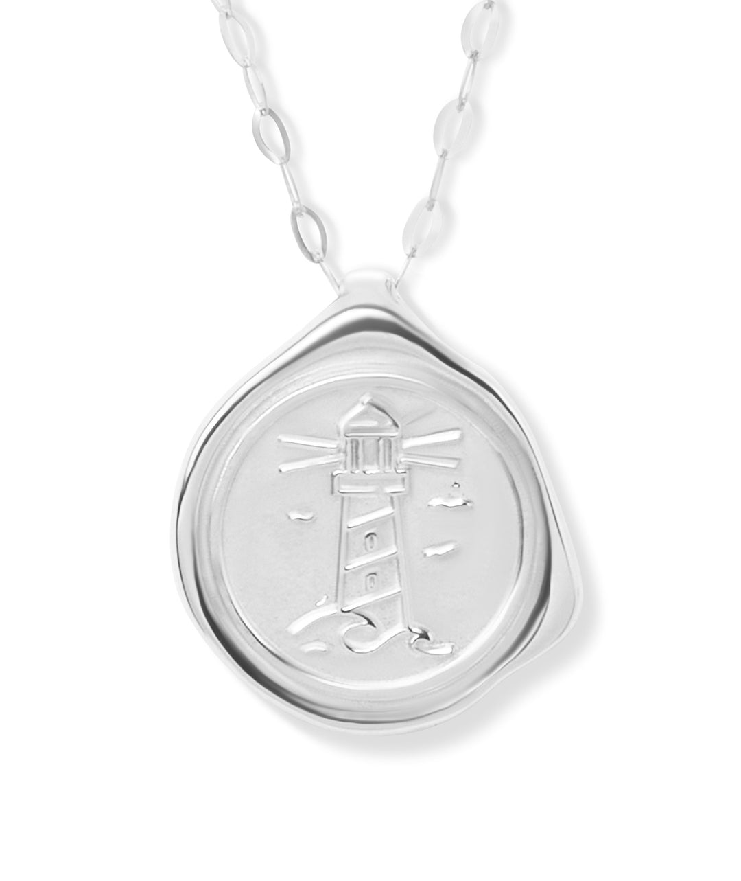 The My Guiding Light Silver Pendant by Ava Jane Jewellery features a round sterling silver charm with embossed waves and birds, an irregular melted-look edge, and hangs from an oval-link chain. Part of our handmade jewellery collection.