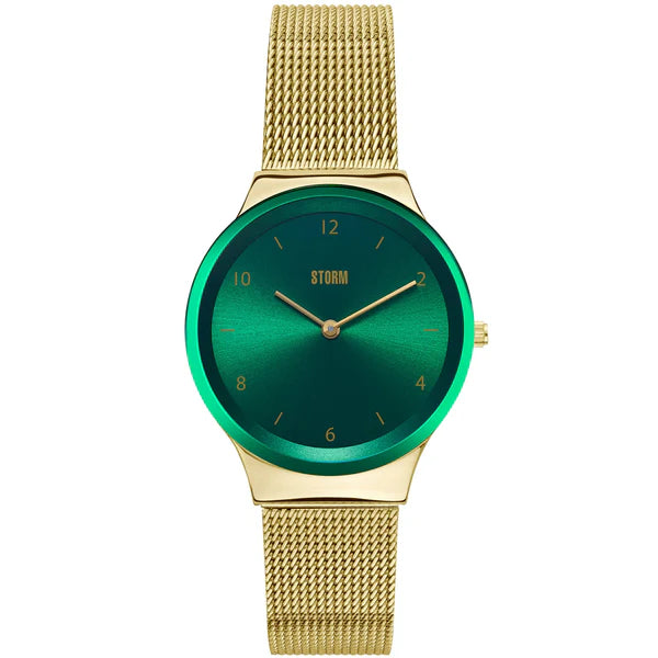 A stylish Storm Zadie Gold Green wristwatch by Storm Watches with a 21k gold plated stainless steel mesh band and a green circular face. The watch features minimalist gold hour markers and hands, with the word "STORM" printed below the 12 o'clock marker. Perfect for the eco-conscious fashionista, it also incorporates sustainable materials.