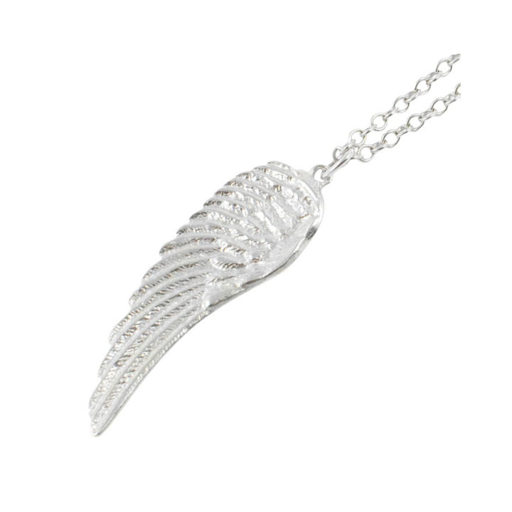 The Angel Wing Necklace by Jennifer Kinnear showcases a detailed, elongated feather pendant with intricate designs on the feathers, attached to a delicate link chain. Crafted in sterling silver, the pendant’s design resembles an angel wing, evoking a sense of elegance and grace.