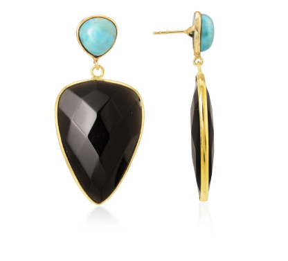 A pair of Ani Earrings by Aria V with a gold frame. Each earring features a small natural turquoise stone at the top and a larger, faceted black onyx gemstone hanging below. One earring is shown front-facing, while the other is displayed side-on.