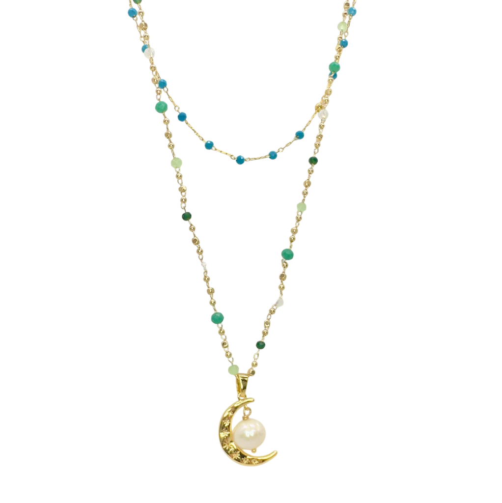 Necklace with a moon-shaped pendant featuring a pearl on a white background
