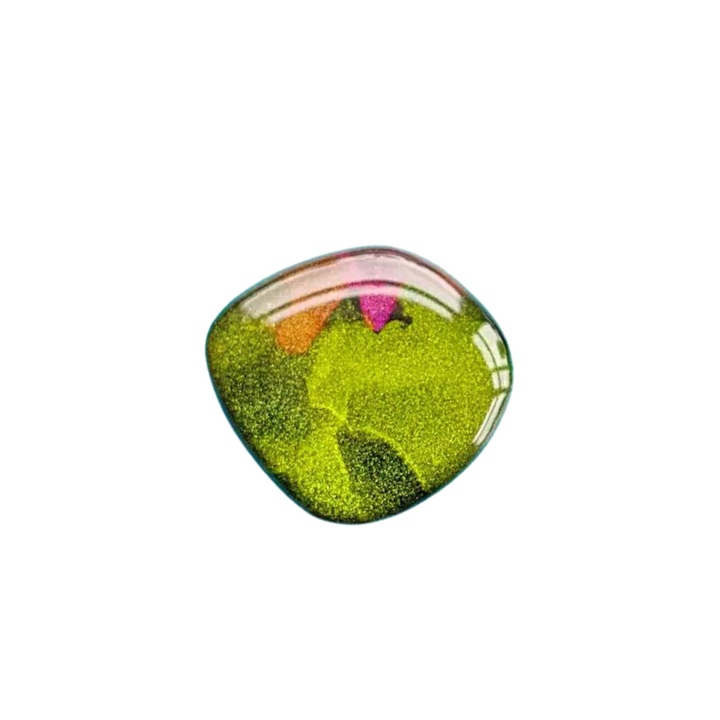 A small, smooth, irregularly shaped stone featuring vibrant colors. The main body of the stone has a glittery lime green hue, while a section at the top displays a pink and orange gradient. This unique Naoi Aurora Stud Earring has a glossy, reflective surface that adds flair to any look.