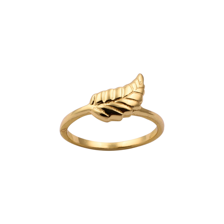 The Autumn Leaf Ring by Watermelon Tropical is a gold vermeil ring featuring a delicate leaf design. The ring band is smooth and shiny, while the leaf is detailed with vein patterns, giving it a realistic appearance. This piece of handmade jewellery embodies elegance and craftsmanship.