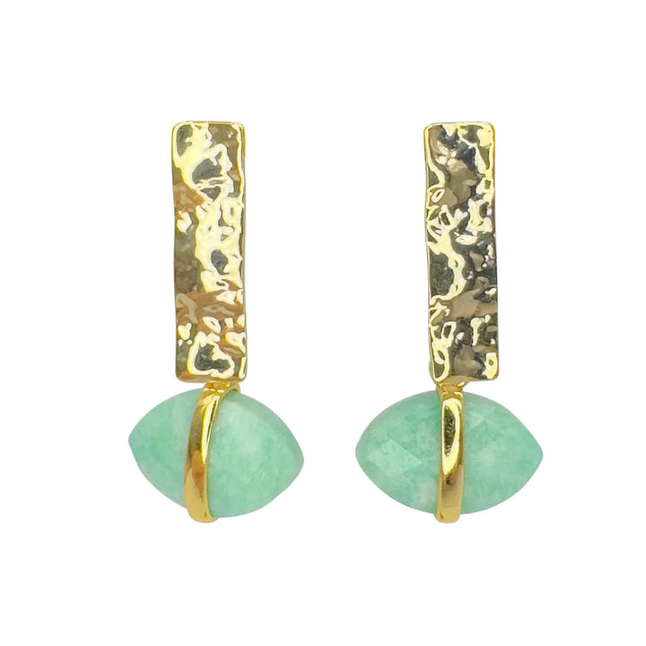 The Ayin Earrings by Aria V feature hammered rectangular tops with attached oval amazonite gemstone drops, secured by gold bands. The design combines textured metal and polished stones for an elegant, contemporary look.