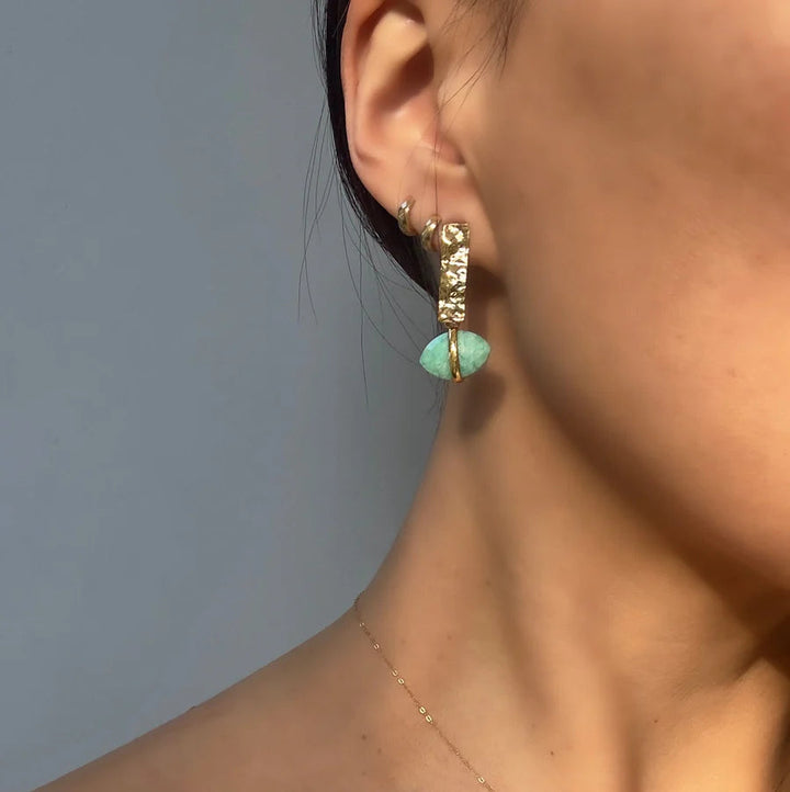 Close-up of a person wearing Ayin Earrings by Aria V. The earrings have a textured gold plated brass piece with an amazonite stone hanging below. The person is shown from the side, focusing on the ear and the earring detail, with a blurred background.