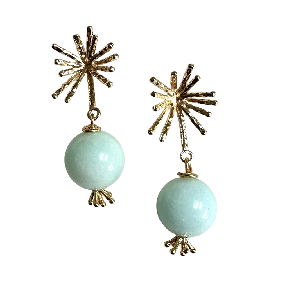 Introducing the Azure Bloom Earrings by Aria V: handmade in Dublin, these elegant gold-plated studs feature starburst designs with round light green mint chalcedony beads suspended below, each bead accented with delicate gold detailing at the bottom. Presented on a white background.