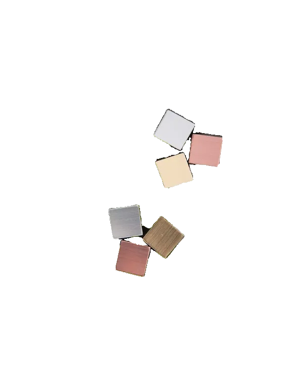 Six Bauhaus Three Square earrings in varied solid colors and textures, arranged in two loose groupings.