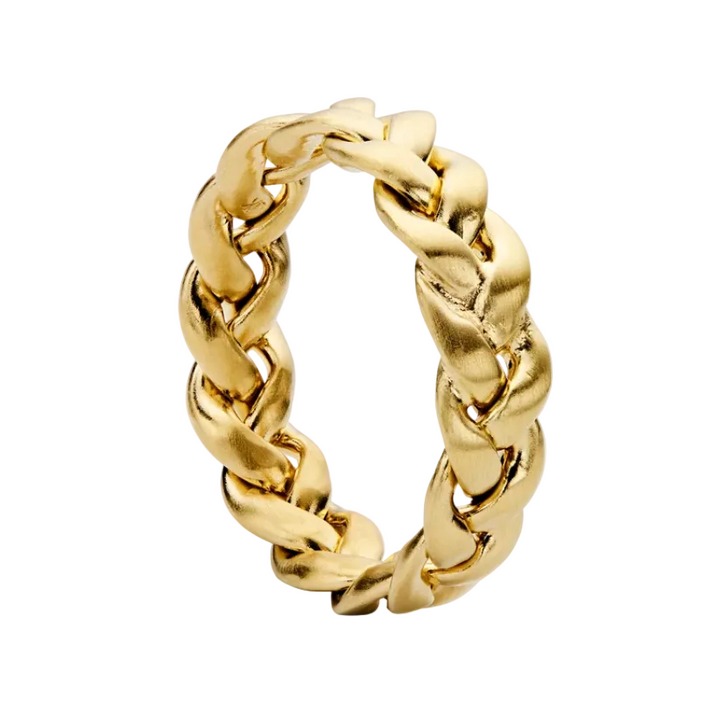 A chunky gold ring with a thick, braided curb link design, shown on a solid white background.