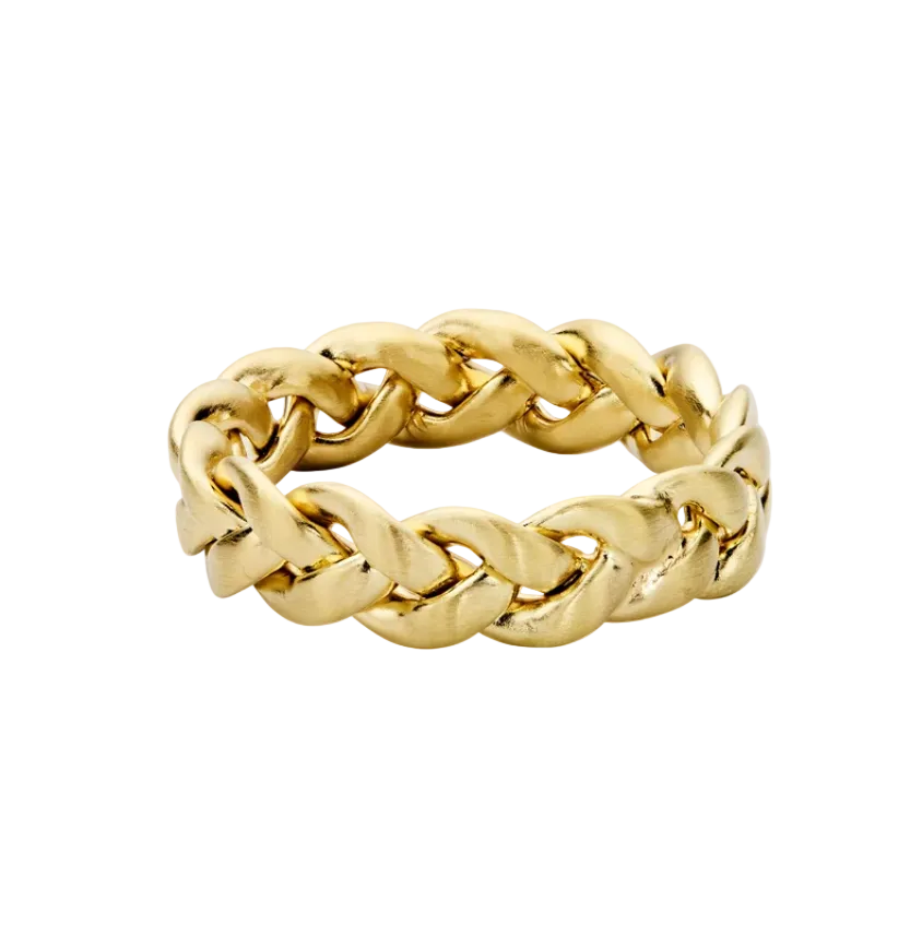 The Big Braided Ring by Jane Koenig showcases an eye-catching chain-link design in gold, presented against a plain white background—a bold statement piece for any occasion.