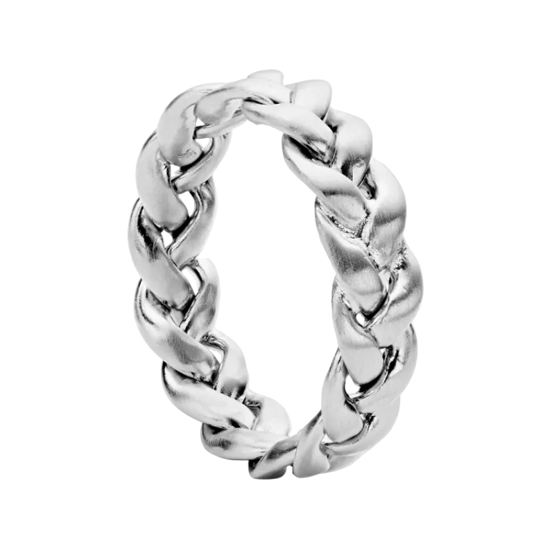 A chunky silver-toned chain-link ring with a polished finish, shown on a white background.