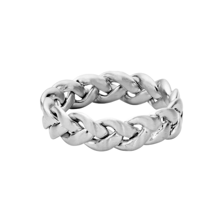Introducing the Big Braided Ring by Jane Koenig—a sterling silver ring showcasing a thick, braided chain design on a white background, perfect for making a bold statement.