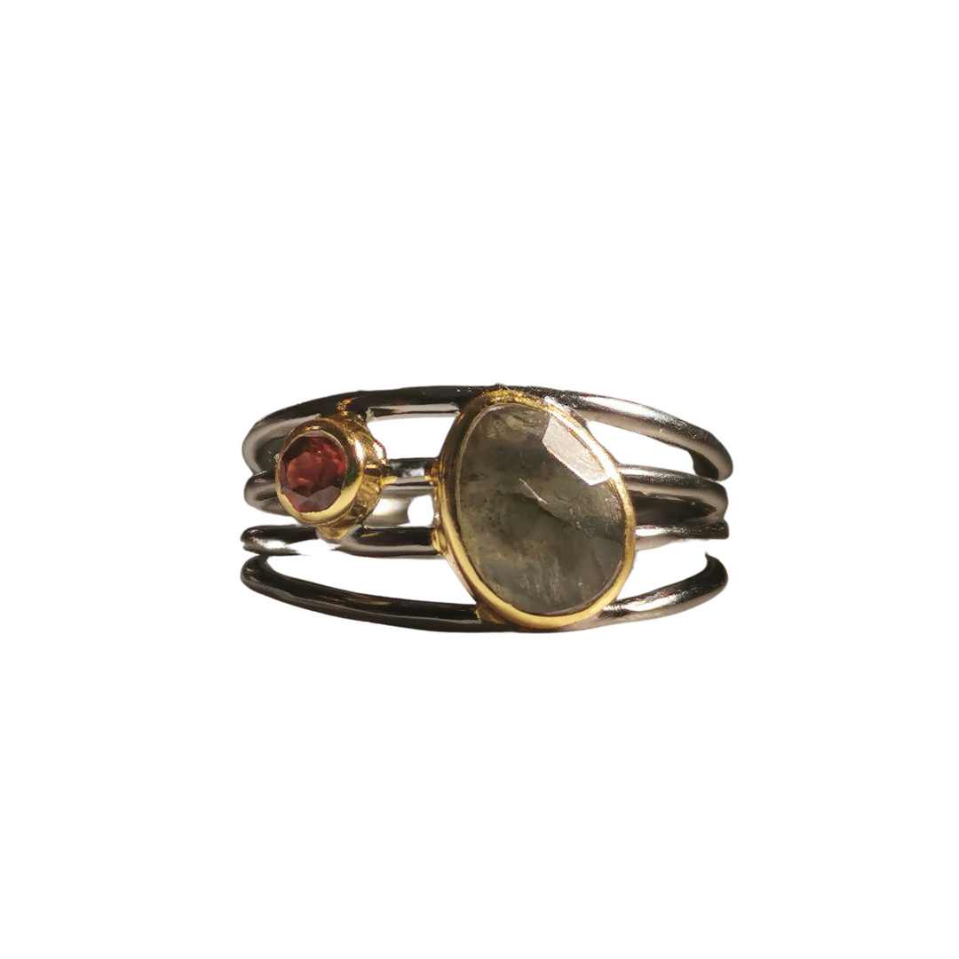 Black Rhodium and Gold Plated Ring with Labradorite and Garnet