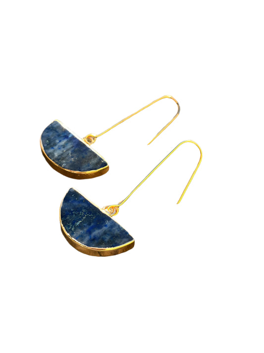 Gold plated drop wire earrings with half moon shaped  blue lapis lazuli  stone