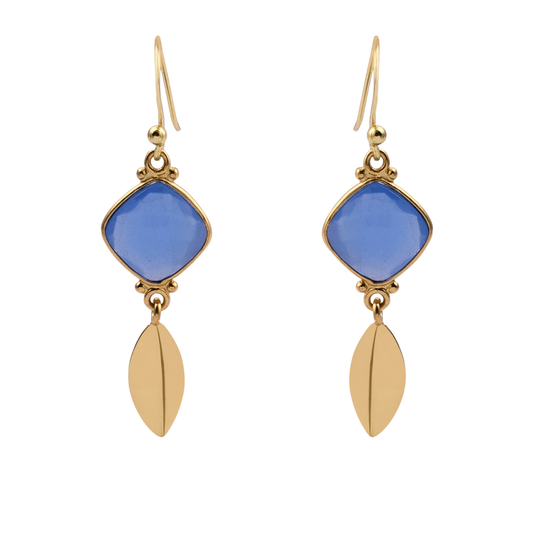 Blue Chalcedony Gold Leaf Drop Earrings