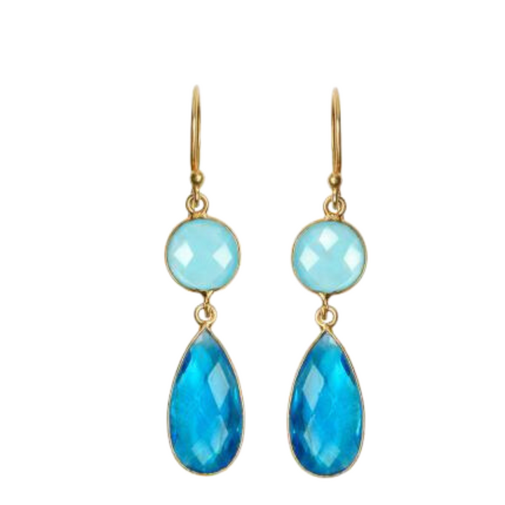 A pair of **Blue Orchid Earrings by Watermelon tropical** with two gemstones each: a round, faceted, light blue agua chalcedony on the top and a larger, drop-shaped, faceted, deep blue gemstone hanging below.