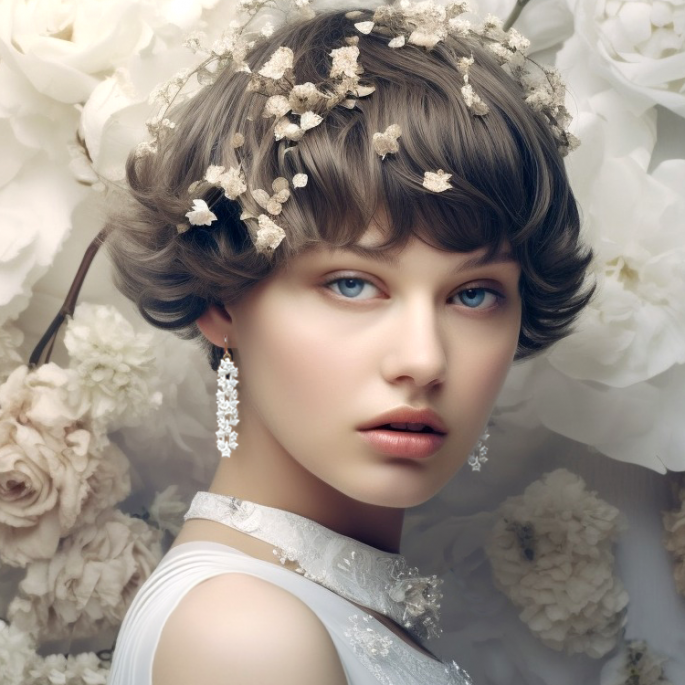 A young woman with short, wavy brown hair adorned with a delicate flower crown stands against a backdrop of large white flowers. She wears a statement necklace from SAKURA Flower Jewelry and dangling, sparkling Fuchsia Sakura Earrings from Tochu-De. Her lace dress complements her calm expression and striking blue eyes, perfectly harmonizing with the soft, floral surroundings.