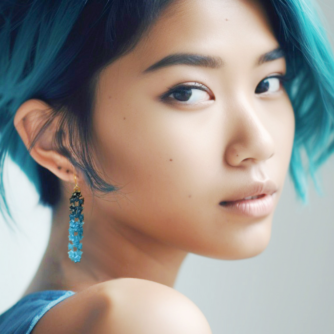 A woman with short blue hair, styled in a tousled bob cut, gazes at the camera with a serene expression. She wears floral accessories: a dangling Fuchsia Sakura Earrings by Tochu-De and a matching statement necklace. Her makeup is natural, highlighting her smooth complexion against the softly blurred background.