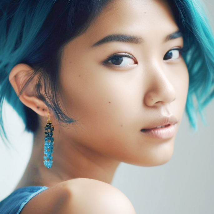 A woman with short, turquoise hair looks over her shoulder, showing off long, dangling Blue Sakura Earrings from Tochu-De. She is wearing a blue top and a statement necklace from SAKURA Flower Jewelry. The background is softly blurred, highlighting her serene expression and the details of her jewelry.