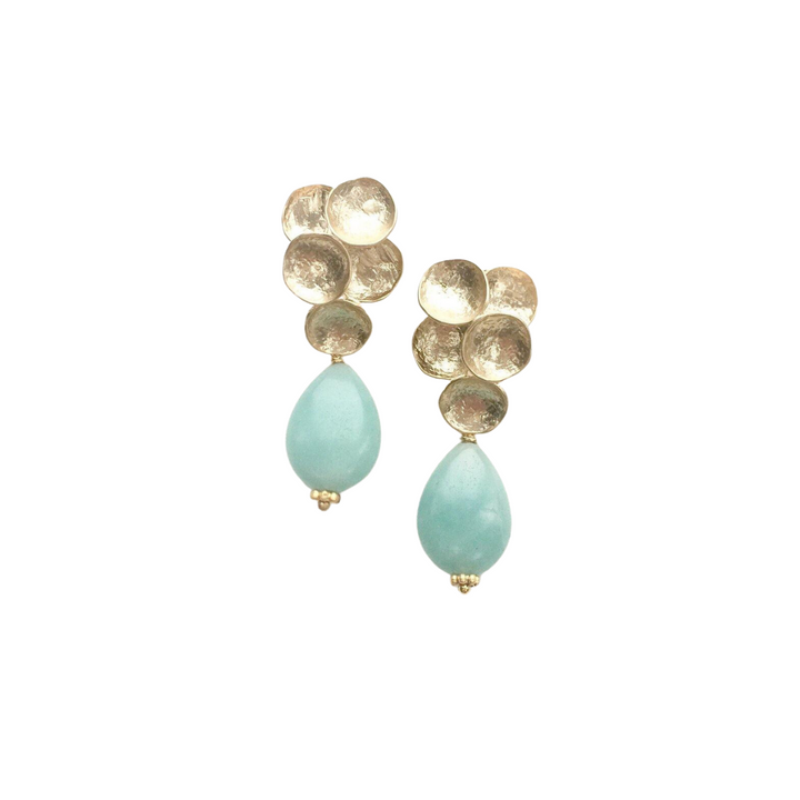 A pair of elegant Bouquet Earrings by Aria V, featuring matte gold plated discs clustered together at the top and polished amazonite teardrops dangling below. The design has a modern and sophisticated look.