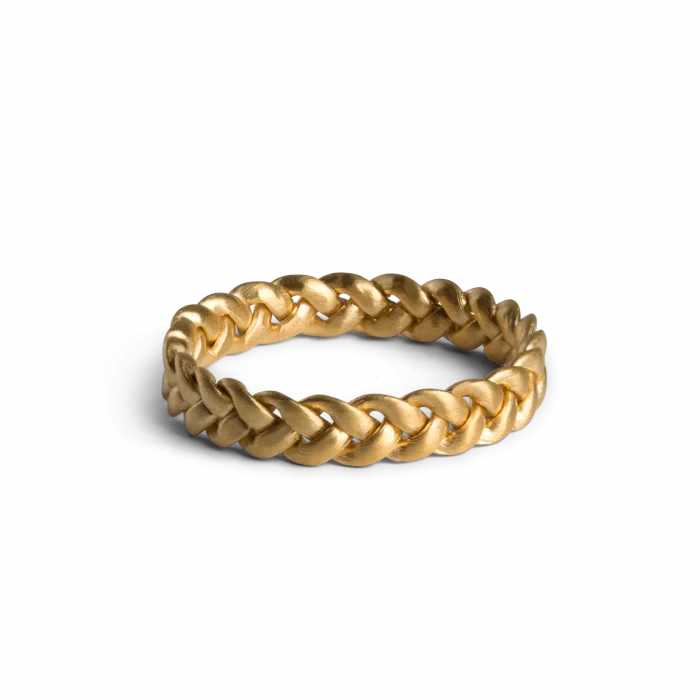 The Jane Koenig Medium Braided Ring, crafted in sterling silver with a gold-plated rope-like design, is displayed against a plain white background.