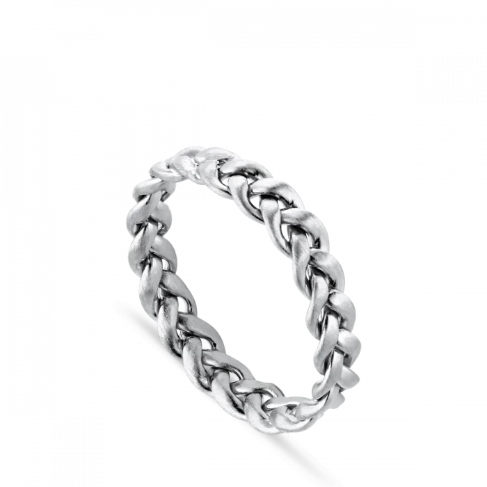 The Jane Koenig Medium Braided Ring, crafted in sterling silver with an intricate chain design, is displayed on a plain white background.