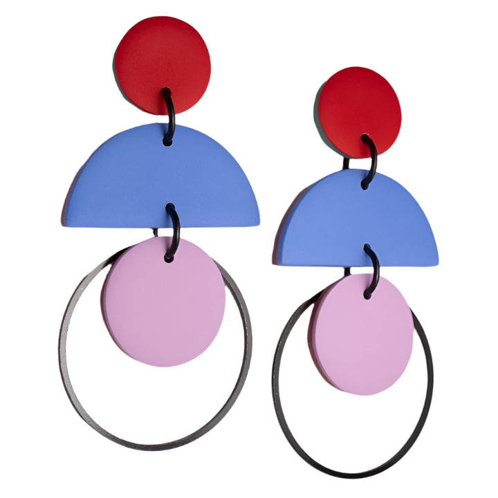 Cascade Red, blue and lilac polymer clay dangle earrings