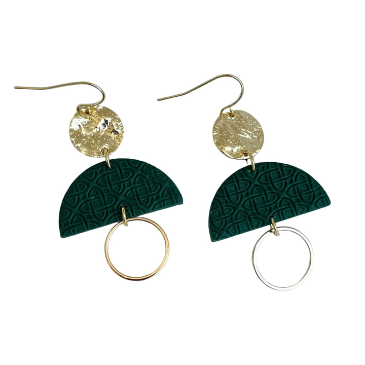 Earrings with Gold hammered circles and green half circles with celtic knot texture.