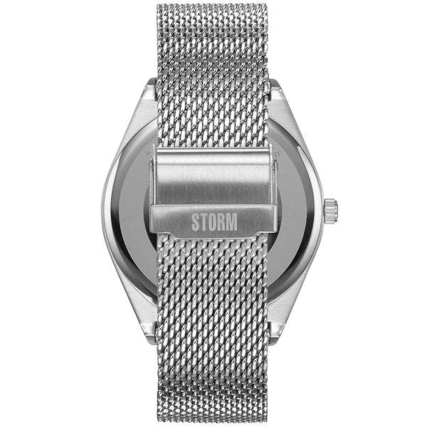 The image shows the back view of a Storm Cirero Blue Watch with a stainless steel mesh band, offering a contemporary feel. The clasp is engraved with the words "Storm Watches." The watch case features a protruding crown on the side, while the back of the case appears to be closed with no visible markings.