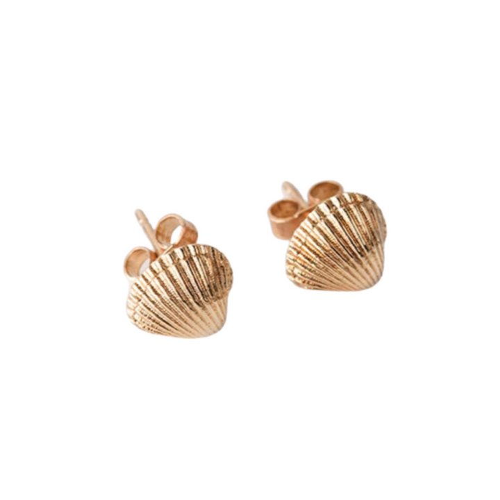 A pair of gold-plated silver stud earrings shaped like petite cockle shells with ribbed detailing. The Tiny Cockle Shell Stud Earrings by Jennifer Kinnear have a smooth, polished finish and are displayed against a white background.