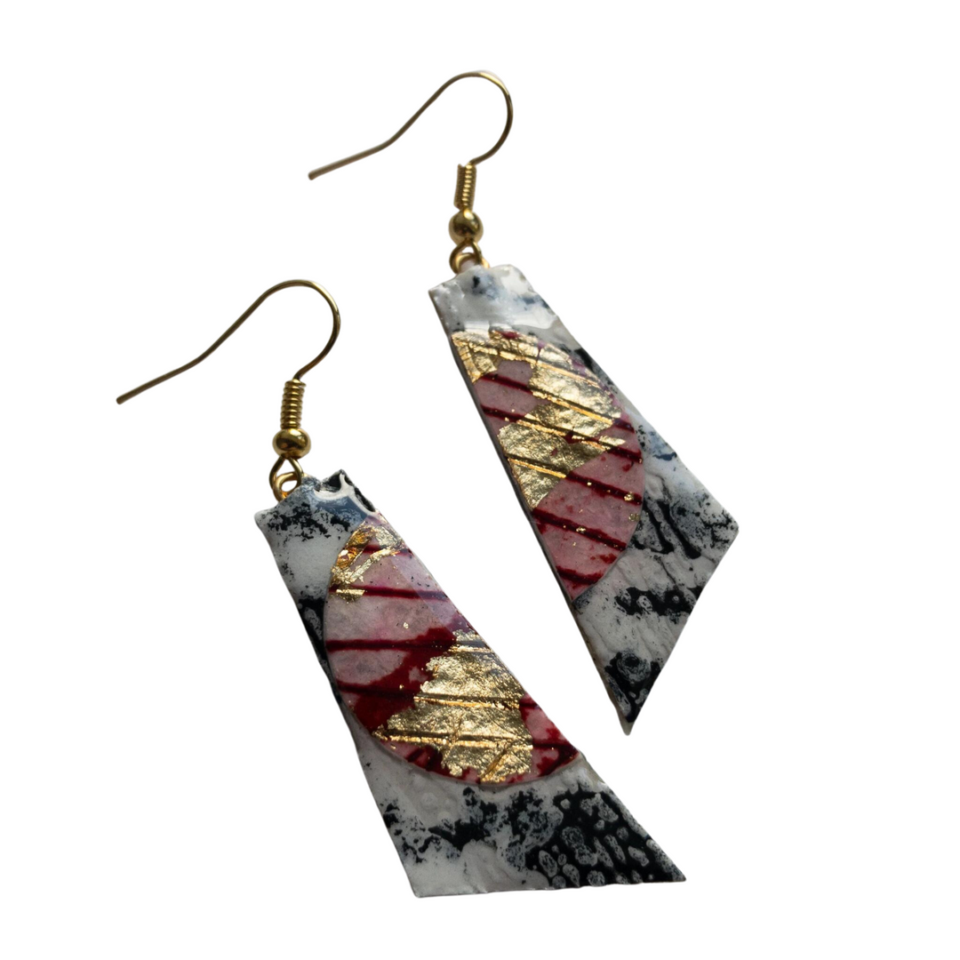 Cora Batik Textile Earrings in Charcoal/Gold/Red