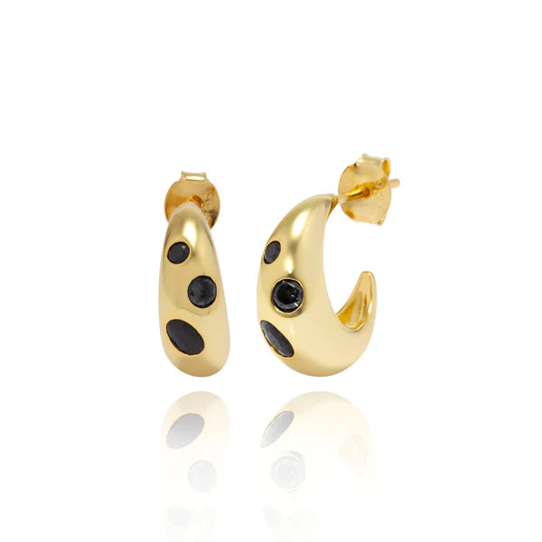 Small chunky gold hoops with stud back. Have three black cubic zirconia stones set in the hoop.