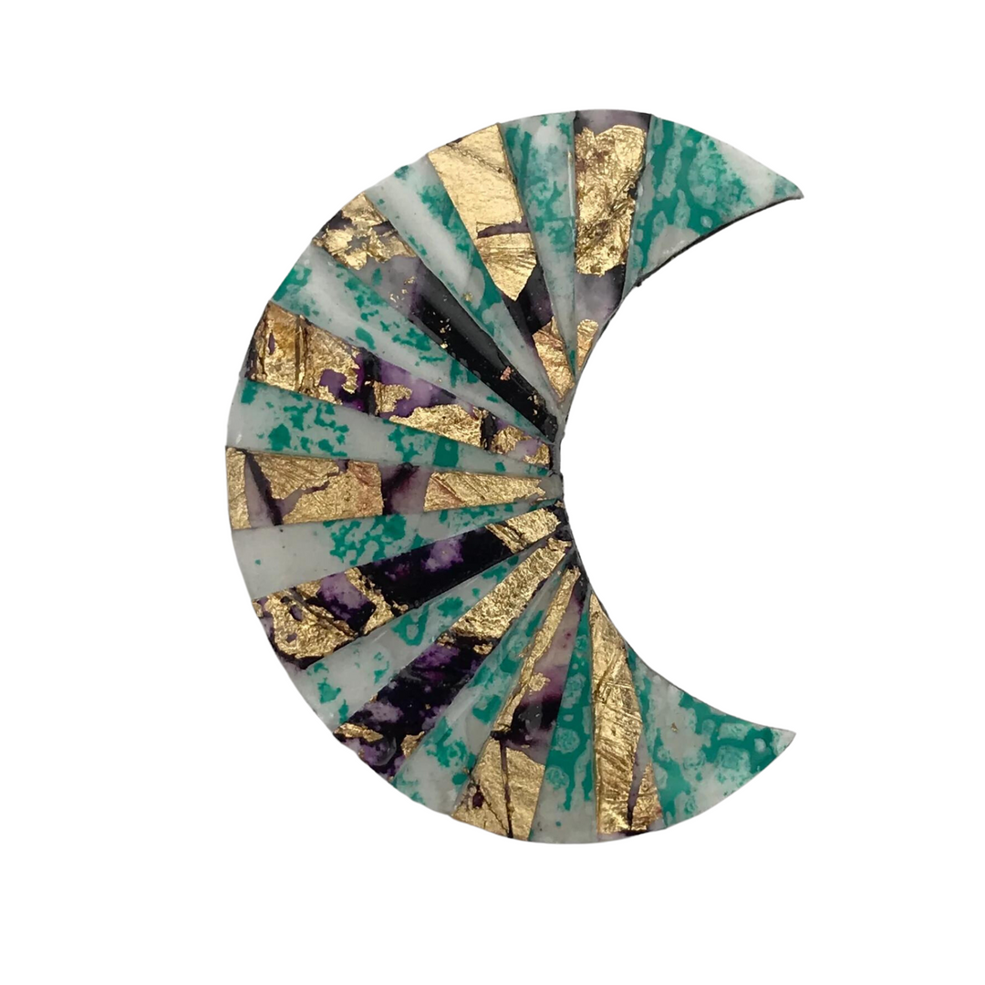 Crescent Textile Brooch in Mint/Gold/Aubergine