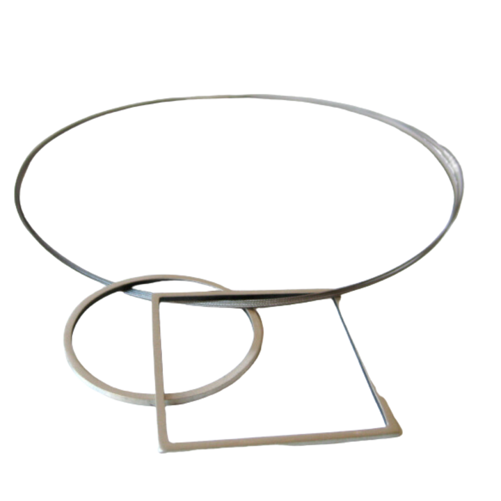 Three metal hoops of different shapes and sizes are displayed: a large circle hoop at the top, a medium-sized square hoop at the bottom right, and a smaller circle hoop overlapping the square. The matt silver finish highlights the clean architectural lines. The background is transparent. This is the Cub Pendant by MarCucurella.