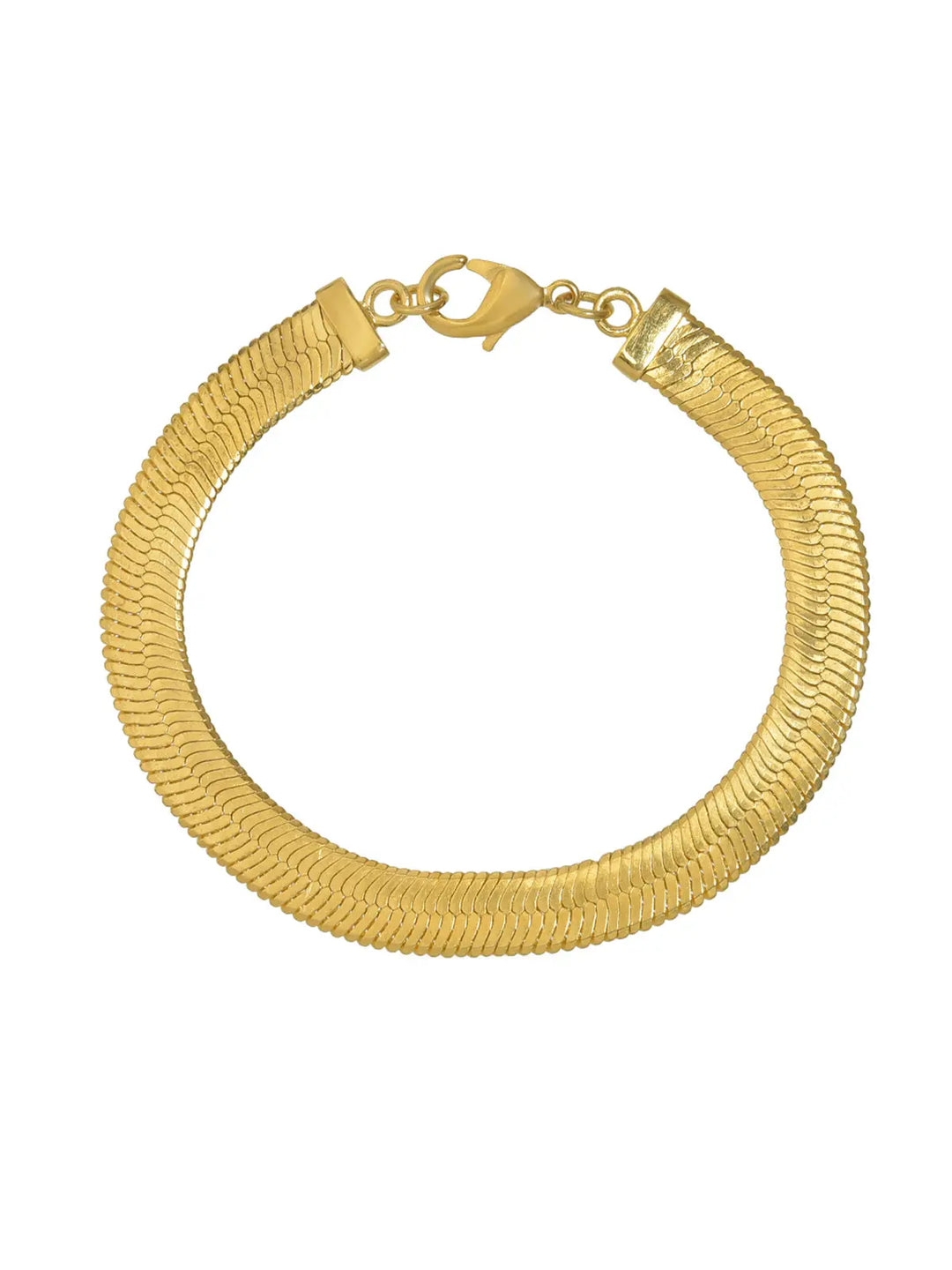The Shyla Curzon Bracelet, crafted in 22 carat gold with a herringbone design and lobster clasp, is shown in a circular shape on a white background.