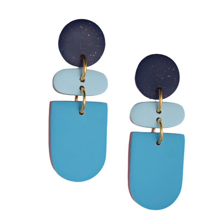 Drift Polymer Clay earrings with sparkly midnight blue stud and lighter 2 tone blue dangles
