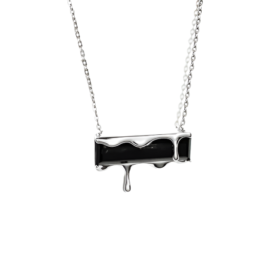 Marie June Jewellery's Dripping Gemstone Pendant Necklace Silver offers a sterling silver necklace with a bar-shaped pendant featuring black enamel inlay, designed to appear as though it is melting. The pendant showcases a fluid, dynamic design with downward drips, achieving an artistic and contemporary style.